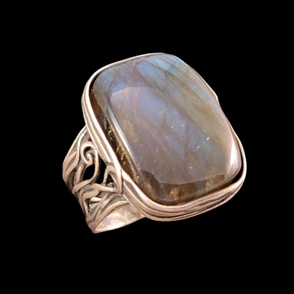 Sterling Paz Israel Labradorite Rextangle Bezel Set Organic Swirl Statement Ring